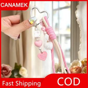 【CANAMEK】 Dễ thương bện dây thừng tình yêu đính cườm Fluffy bóng Keychain Mặt dây chuyền Ba lô quyến rũ điện thoại chuỗi Túi treo Cô Gái Tự Làm Tình yêu khóa Keyring Quà Tặng