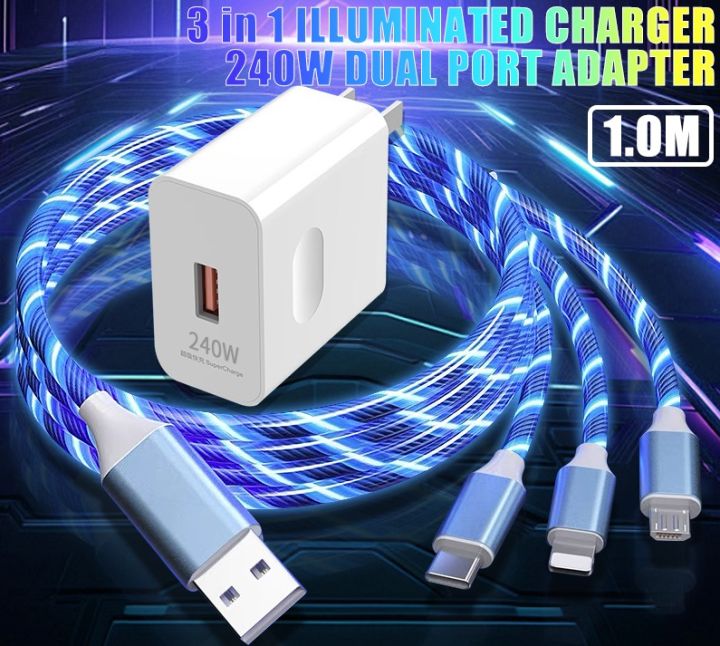3 in 1 Super Fast Charger for Android with Adapter 240w Charging Flowing Light Up 120Watts