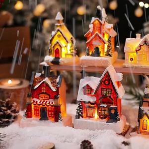 Lighting up DIY Christmas Tiny Resin House Village Miniature Model Chrismas LED Lights House Xmas Gift Ornaments