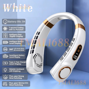 [✅SG Ready Stock] New Ice Ceramic Neck Fan Portable Hanging Neck Air Cooler Fast Cooling Down to 16°C 5 Adjustable Wind Speed LED Digital Power Display Rechargeable Type C