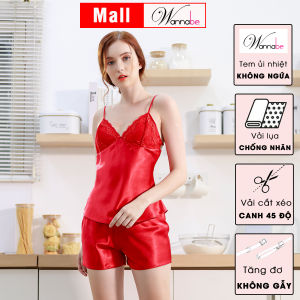 Đồ bộ mặc nhà phi lụa cao cấp Wannabe bộ short BSS19 bộ đùi nữ áo hai dây cúp ngực phối ren nữ tính