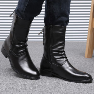 YUAAE Men Leather Boots Autumn Winter Shoes Male High Top Boots Zipper Thick Sole Non-slip Motorcycle Footwear