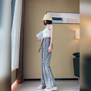 AMMIN สไตล์ประจำชาติเอวสูงยางยืดพิมพ์ลายขวางสำหรับผู้หญิงมีเอกลักษณ์ฤดูร้อนกางเกงลำลองวันหยุดปรากใหม่