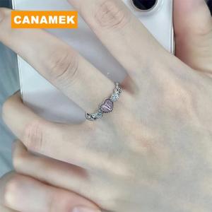 【CANAMEK】 Silver Color Ring Pink Heart Opal Creative Finger Ring Vintage Aesthetic Cute Punk Rings For Women Charm Jewelry Accessories