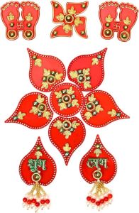 Kundan Studded Acrylic Shubh Labh Lakshmi Feet Swastik Stickers and Rangoli Set- Pack of 13 pcs