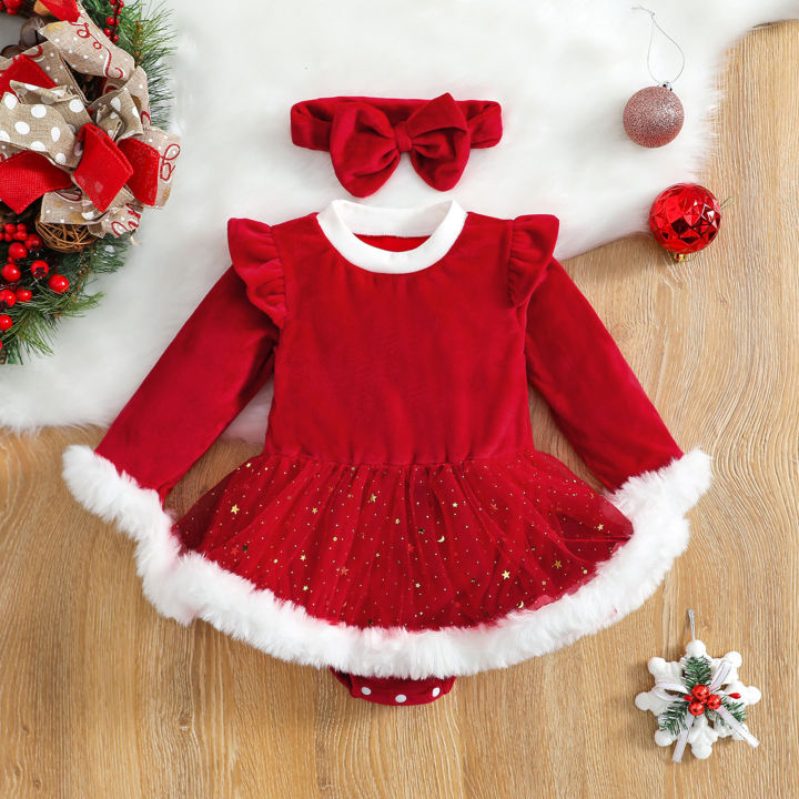 Fashion Baby Girls Christmas Outfits Plush Patchwork Long Sleeve Romper Dress Hairband Set for Toddler Xmas Party Clothes Lazada Singapore