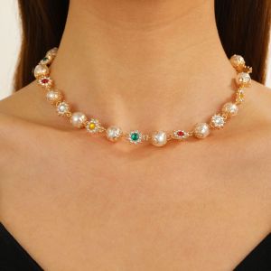 COSE Ethnic Style Flowers Pearl Necklaces Neck Jewelry Beads String Colorful Rhinestone Choker Creative Sparkling Imitation Pearl Clavicle Chain
