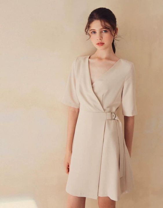 KOREAN WEAR FASHION SIMPLE V-NECK CREAM OFFICE WEAR FORMAL DRESS ...