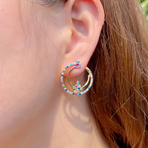 ต่างหูห่วงกลมคู่ประดับด้วยเพทายสีรุ้งขนาดเล็ก 916 ต่างหูห่วงใหญ่ สำหรับผู้หญิง เครื่องประดับหู Huggie SE578