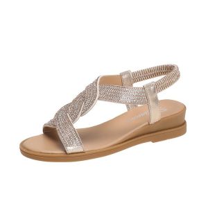 [Free Shipping] Roman-Style Elastic Strap Sandals WomenS Summer Flat Shoes Rhinestone Embellished Open-Toe Beach Sandals WomenS Wedge Heels