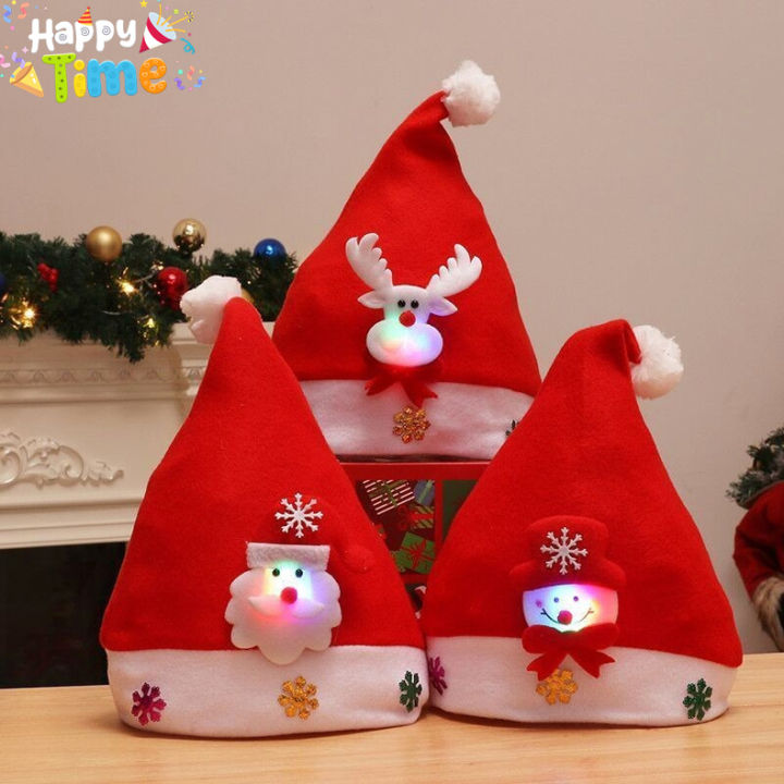 Happy Time Christmas Hat With Lights Santa Elk Party Hats With LED Glowing  Cartoon Children Adult New Year Festival Supplies Xmas Decorations