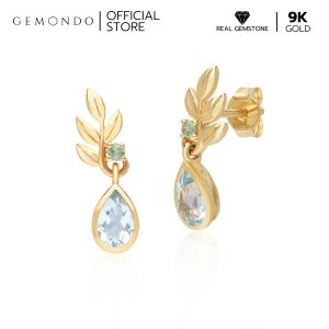 Gemondo ต่างหูทองคำ 9K ประดับด้วยบลูโทแพซ (Sky Blue Topaz) และซาโวไรท์ (Tsavorite) ดีไซน์กิ่งใบมะกอก