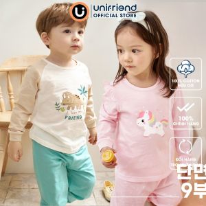 Bộ dài tay chất mỏng mặc ngủ dáng rộng cotton mùa xuân hè bé trai bé gái Unifriend Hàn Quốc U2022-18. Size đại trẻ em