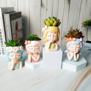 FULUPUGANG Cartoon Face Planters Pots Resin Girl Statue Fairy Flowerpot Gardening Supplies Realistic Succulent Planter Pot Outdoor Gardens
