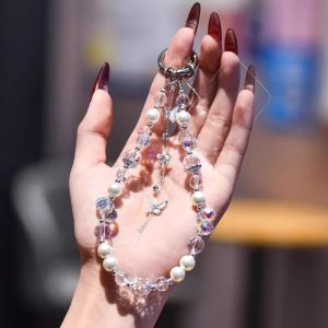 GVDBHFD Anti-lost Bling Crystal Phone Chain Pearl Short Phone Case Wrist Strap Creative Ins Tassel Butterfly Phone Lanyard Female Lady Girl