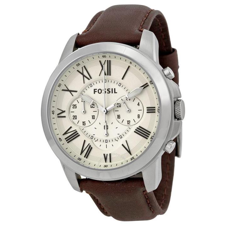 Authentic Fossil Men Grant White Dial Brown Leather FS4735 Jam