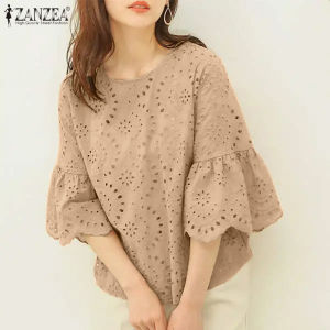 ZANZEA Korean Style Womens Blouse Commute 3/4 Sleeve Round-Neck Lace Patchwork Top Pullover #11