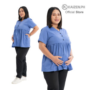 Maternity Scrub Suit KSM-01 3-Button Sheared 2-pockets Top  4-pocket Black Pants