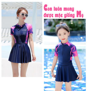 Bộ bơi mẹ con chị em gia đình set áo bơi mẹ con liền thân áo tay cộc liền váy Xmoon BBMC