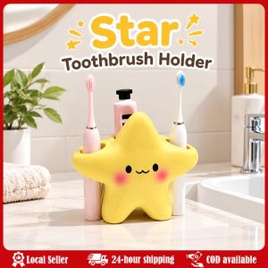 Smiley Star Toothbrush Holder Countertop Storage Rack for Electric Toothbrush Bathroom Vanity Cute Star-Shaped Toothbrush Holder Freestanding Bathroom Organizer with Cute Face Design Space-Saving Toothbrush Toothpaste