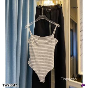 B20847 Set 2 ชิ้น เสื้อบอดี้สูทลายริ้ว+ กับกางเกงขายาว + เข็มขัดSet of 2 pieces: striped bodysuit + long pants + belt.