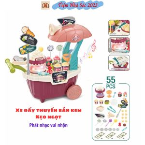 Đồ chơi xe đẩy bán kem kẹo ngọt  Có Đèn Nhạc 2 Tầng 55 chi tiết xoay 360 độ cho bé-Tiệm Nhà Sóc