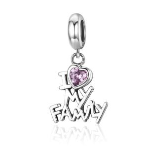 BAMOER Free Shpping Genuine 925 Sterling Silver I Love My Family Heart Dangle Charms fit Women Charm Bracelets Jewelry Family Gift SCC251