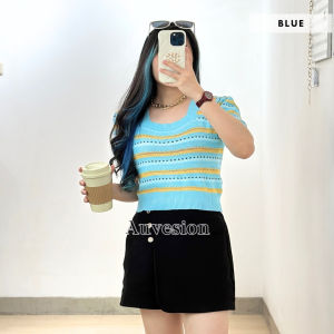 6142 Femmi Flower Square Neck Knit Crop Top Blouse Atasan Wanita Rajut