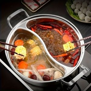 Covered Dual Flavor Hot Pot Integrated Mandarin Duck Pot Thickened Home Use Chinese Hotpot Stainless Steel Double