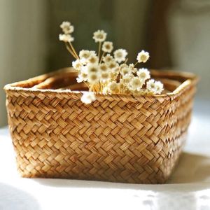 BEandBA Straw 1Pcs Decorative Handmade Durable Home Decor Rattan Box Fruit Pot Storage Basket Artificial flowers Organizer