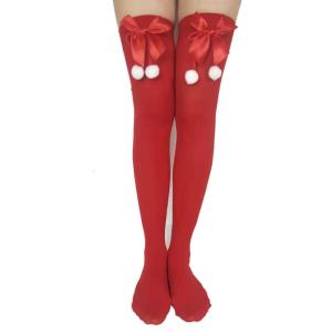 Phụ nữ họa tiết sọc giáng sinh vớ cao tới đùi với Santa Claus nơ đỏ xanh trên tất qua đầu gối trang phục halloween Hàng dệt kim