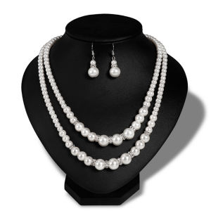 [haoh] Double Chain Jewelry Set Women Simulated Necklace Earrings Jewelry