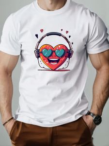Mens T-shirt Headphones Pattern Printed Summer Fashion Leisure Sports Mens Round Neck T-shirt High Quality Mens Clothing