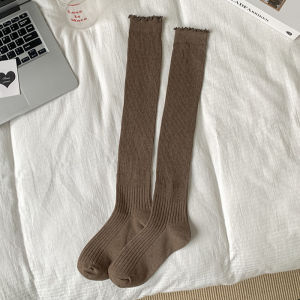 ถุงเท้าขนแกะสไตล์ฮาราจูกุโลลิต้ามีหูไม้ถุงน่องมีจีบระบายสำหรับผู้หญิงรองเท้าถักมากกว่าถุงเท้ายาวเท่าเข่ายาว45ซม. สไตล์ญี่ปุ่นอบอุ่น