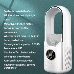 Bladeless Air Cooler 6 Stage Air Supply Spray Home Dormitory Office Air Conditioning Fan 6 Timing USB Silent Energy Saving Cooling Fan Large Capacity Water Tank Environmental Protection Lamp Table Fan
