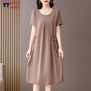 TTQQ Womens Round Neck Solid Color Double Pocket Long Dress Simple Skirt