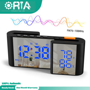 ORIA Digital Alarm Clock with Dual-Screen FM Radio Clock S-Shaped Led Mirror Clock with Temperature & Humidity Display Large Screen 12/24H Format Snooze Date Dual Alarms Auto Dimming Clock for Home Office