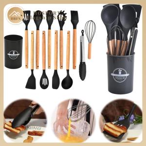 【HRFS】 12Pcs Kitchen Utensil Set Cooking Tools Kit with Holder Non-Stick Spatula Set Spatula Spoon Brush Whisk Kitchen Supplies