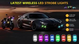 Upgraded 4PCS Wireless LED Strobe Lights for Car 8 Colors Lights Remote Control Type-C charging Warning Light for Car Interior Motorcycle Bike Decor