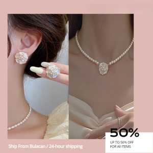 Camellia Pearl Necklace Clavicle Chain Chocker Pendant for Women Korean Flower Stud Earrings