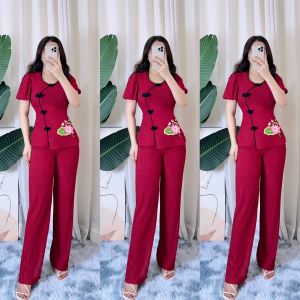 Sét bộ bà ba đi chùa thêu hoa sen quần dài ống suông. Mã BA55