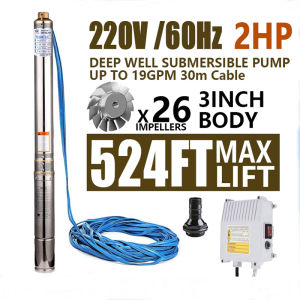 EURORECAR 220V 2HP Submersible Pump Household High Lift Stainless Steel 3inch Deep Well Suction Water Pump 524ft 19GPM