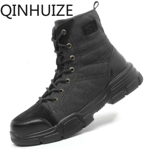 QINHUIZE Large safety work shoes anti-smashing and anti-piercing safety shoes steel toe cap wear-resistant high-top protective work boots