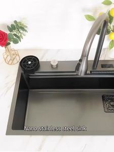 [Cozy ]Waterfall Kitchen Sink 304 Stainless Steel Nano Handmade Multifuctional Sink Waterfall Faucet Above Counter/Apron Front
