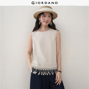 Giordano Women Lace round neck fringed hem sleeveless blouse Free Shipping 18346811