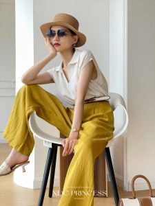 Alisa.Sonya Womens high waisted wide leg pants casual loose linen washed straight leg pants