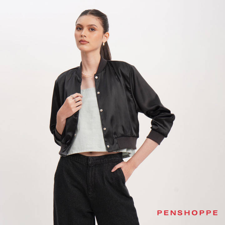 Penshoppe Relaxed Fit Satin Bomber Jacket For Women (Black) | Lazada PH