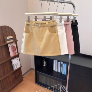 COD with belt ~ fashionable simple solid color A-line skirt Korean style super popular high-waisted anti-exposure denim cotton skirt 99242026 new arrival