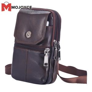 MOJOYCE Men Cowhide Leather Phone Shoulder Bags Solid Color Zipper Crossbody Bag