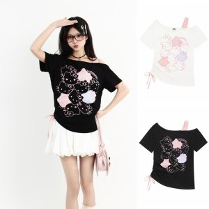 YOCKY Không tay Áo thun mèo Kitty Cô gái cay nồng Không đều Áo hai dây giả hai vai Phim hoạt hình Ngọt ngào Áo crop top mèo Y2K Mùa hè